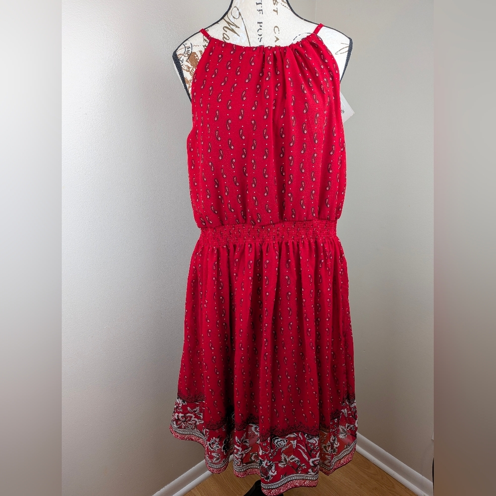 Pink Cattlelac Red Paisley Halter Sleeveless Short Dress Smocked Waist L Boho